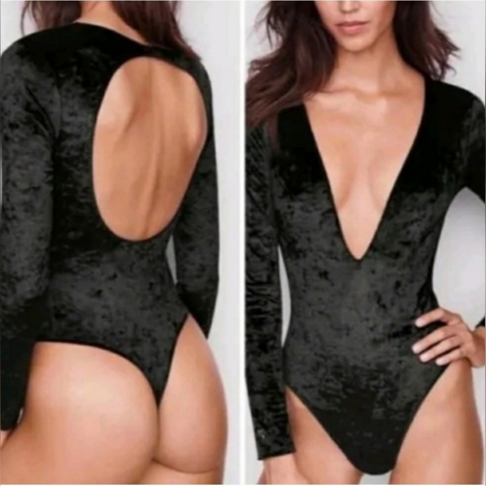 Victorias Secret Velvet Bodysuit Size XS S Black Long Sleeve Thong Plunge Sexy
